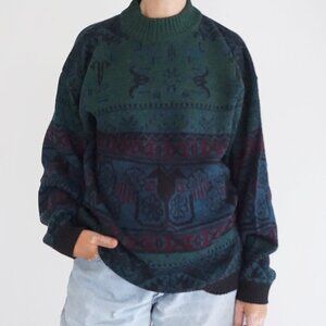 Vintage Vogue Green Patterned Winter Knit Sweater Cabincore Old Money L